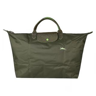 【LONGCHAMP】LONGCHAMP刺繡LOGO撞色設計尼龍短提把拉鍊摺疊手提包(大/松綠x螢光綠)