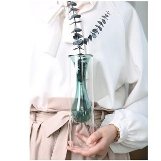 【JEN】北歐簡約雙色玻璃創意雙層造型花瓶花器桌面擺飾居家裝飾高24cm(水滴型綠色)