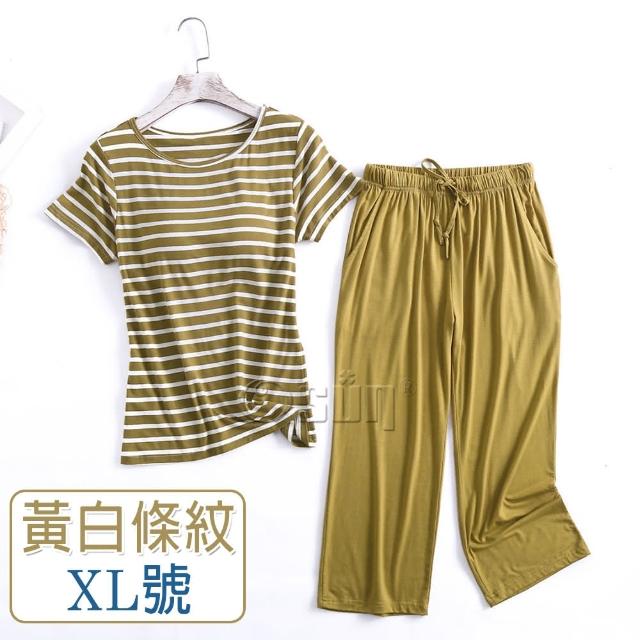 【Osun】莫代爾中大尺吋bra-t條紋帶胸墊短袖七分褲睡衣套裝寬鬆居家休閒服(特惠價CE406)