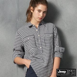 【JEEP】女裝 時尚休閒格紋長版襯衫(海軍藍)