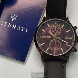 【MASERATI 瑪莎拉蒂】瑪莎拉蒂男女通用錶型號R8871618006(桃紅紫錶面古銅色錶殼咖啡色真皮皮革錶帶款)