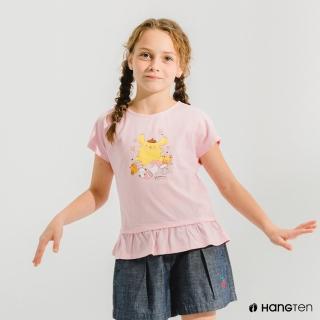 【Hang Ten】童裝-Hello Kitty下襬荷葉短袖T恤-淺粉