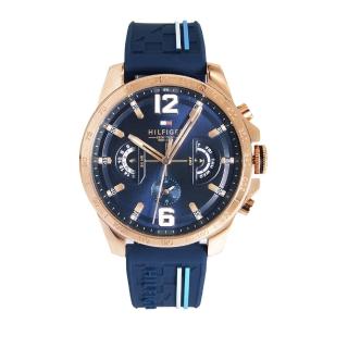 【Tommy Hilfiger】玫瑰金殼 藍面多功能標示 藍色矽膠錶帶 情人節/父親節(1791474)