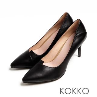 【KOKKO 集團】經典尖頭素面不對稱剪裁極細高跟鞋(綿羊皮黑)