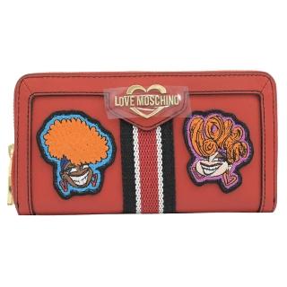【MOSCHINO】LOVE MOSCHINO 條紋電繡圖騰拉鍊發財長夾(紅)