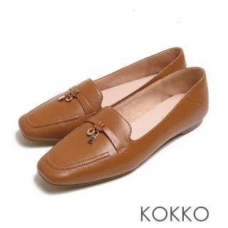 【KOKKO 集團】方頭羊皮寬版微軟後踩平底樂福鞋(奶茶色)