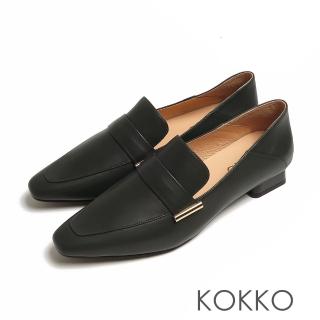 【KOKKO 集團】素面方頭全真皮懶人樂福粗跟鞋(墨綠色)