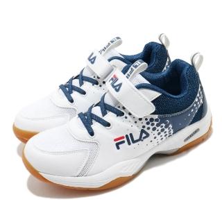 【FILA】排羽球鞋 J813U 運動 童鞋 基本款 避震 包覆 魔鬼氈 中大童 白 藍(3J813U123)