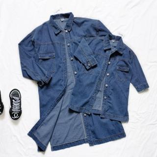 【橘魔法】（大人賣場）經典側邊開岔長版牛仔襯衫(連衣裙 連身裙 牛仔裙 罩衫 童裝 親子裝 現貨)