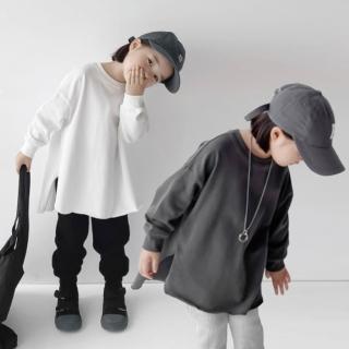 【橘魔法】前短後長開岔磨毛長袖上衣（小孩賣場）(衛衣 中性款 大童 男童 女童 兒童 童裝 親子裝)