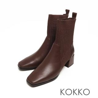 【KOKKO 集團】超平頭針織彈力方塊粗跟貼腿襪靴(霧面咖)
