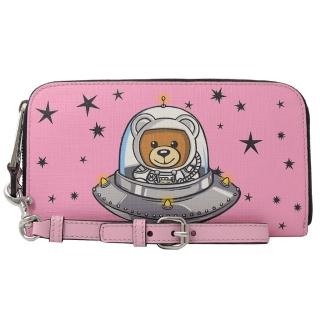 【MOSCHINO】太空系列星星泰迪熊手提式拉鍊發財長夾(粉)