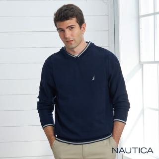 【NAUTICA】男裝簡約針織長袖帽T(海軍藍)