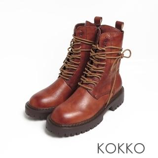 【KOKKO 集團】手感擦色真皮綁帶厚底高筒馬汀靴(懷舊棕)