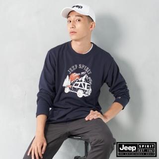 【JEEP】男裝 休閒吉普車圖騰長袖T恤(深藍)