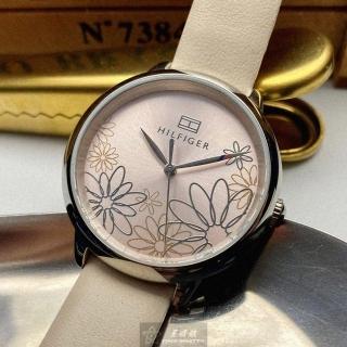 【Tommy Hilfiger】湯米希爾費格女錶型號TH00036(粉紅色錶面銀錶殼米白色真皮皮革錶帶款)