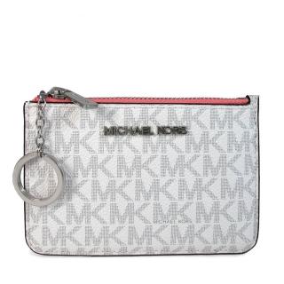 【Michael Kors】銀字滿版防刮LOGO拚色鑰匙零錢包(粉白色)
