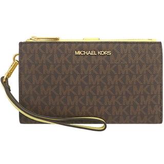 【Michael Kors】JET SET TRAVEL檸檬黃X深咖啡PVC雙層手掛式手拿手機套中夾