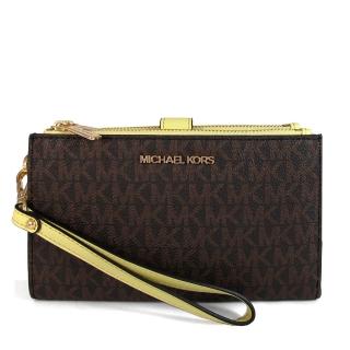 【Michael Kors】金字滿版防刮LOGO拼接皮革雙層手拿提掛長夾 手機包(深咖黃色)