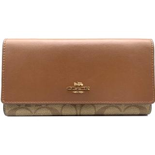 【COACH】金標馬車LOGO 掀蓋防刮多卡三折長夾－焦糖咖/棕色(coach 咖啡色 c5966 ime74)