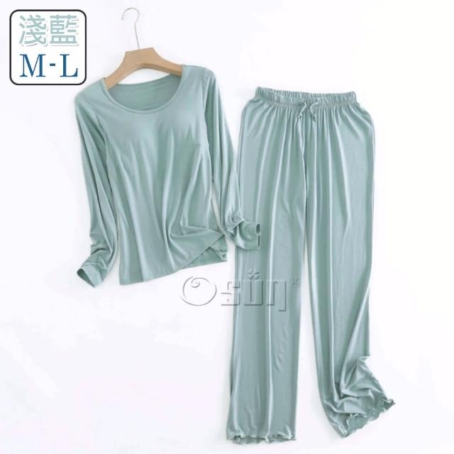 【Osun】2入組-Bra-T莫代爾帶胸墊寬鬆長袖荷葉邊長褲套裝睡衣保暖居家服(顏色任選/CE430)