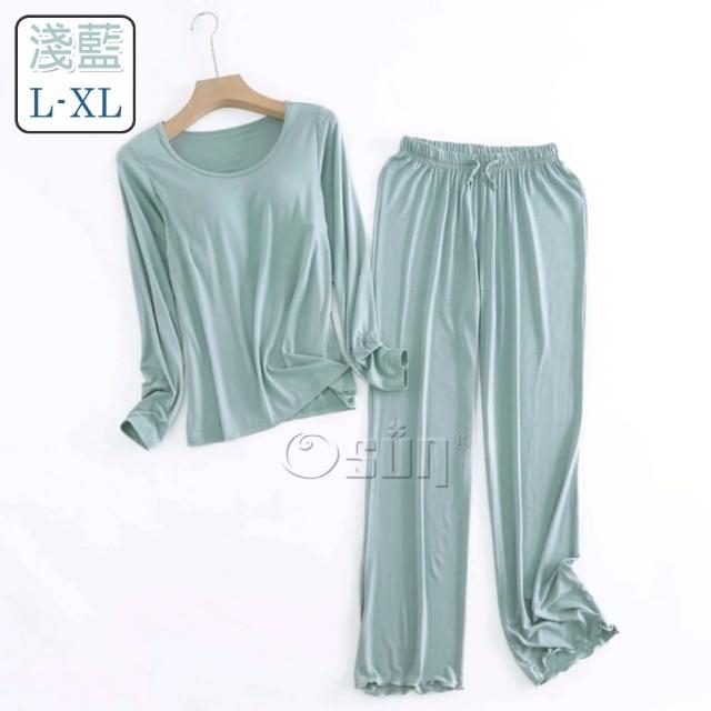 【Osun】2入組-Bra-T莫代爾帶胸墊寬鬆長袖荷葉邊長褲套裝睡衣保暖居家服(顏色任選/CE430)