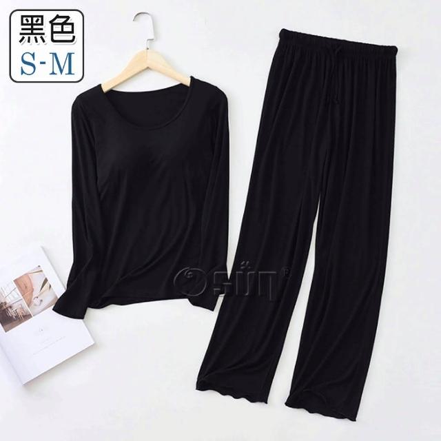 【Osun】2入組-Bra-T莫代爾帶胸墊寬鬆長袖荷葉邊長褲套裝睡衣保暖居家服(顏色任選/CE430)