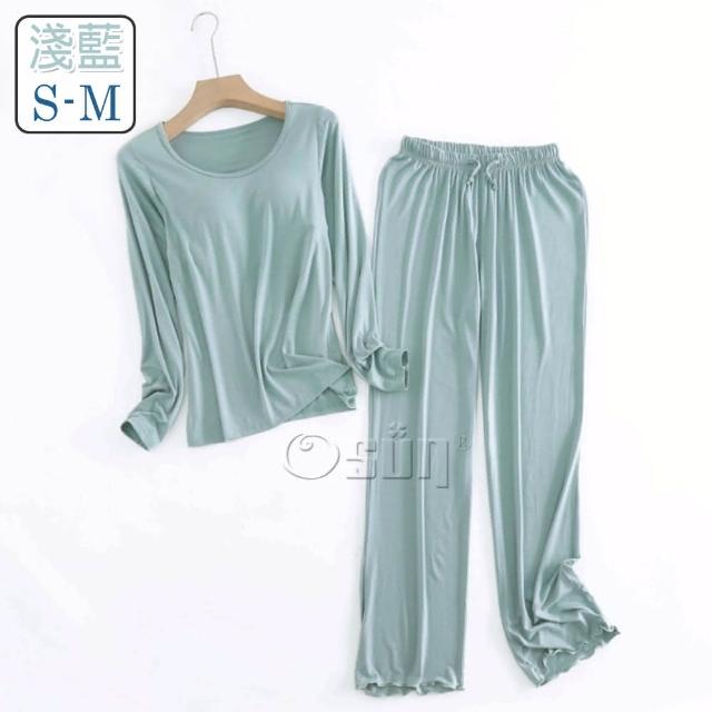 【Osun】2入組-Bra-T莫代爾帶胸墊寬鬆長袖荷葉邊長褲套裝睡衣保暖居家服(顏色任選/CE430)