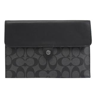 【COACH】經典C LOGO皮革拼接翻蓋手拿包萬用包ipad包(黑灰)