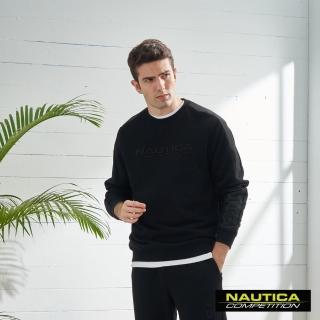 【NAUTICA】COMPETITION男裝時尚拼接LOGO長袖大學T(黑色)