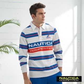 【NAUTICA】COMPETITION男裝運動風條紋長袖POLO衫(白色)