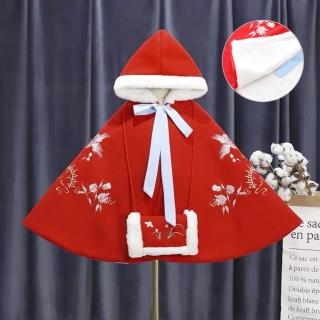 【橘魔法】刺繡喜鵲厚毛絨綁帶連帽斗篷+暖手套(披肩 外套 女童 大童 大紅 新年 過年 拜年服)