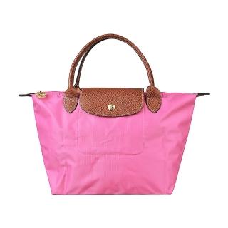 【LONGCHAMP】LONGCHAMP  LE PLIAGE系列壓印LOGO尼龍摺疊短提把拉鍊手提包(小/牡丹粉紅)