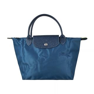 【LONGCHAMP】LONGCHAMP  LE PLIAGE GREEN刺繡LOGO尼龍短提把拉鍊手提包(小/海洋藍x深藍)