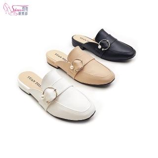 【ShoesClub 鞋鞋俱樂部】珍珠金屬環韓系穆勒鞋