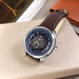 【Tommy Hilfiger】機械錶 自動上鍊 漸層透視 鏤空錶盤 真皮手錶 藍x銀框x褐 44mm(1791888)