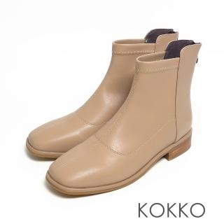 【KOKKO 集團】正韓極簡異材拼接方頭粗跟短靴(奶茶駝)