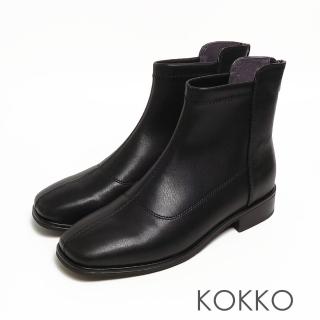【KOKKO 集團】正韓極簡異材拼接方頭粗跟短靴(黑色)