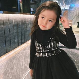 【橘魔法】小香風假兩件紗裙連身洋裝(連衣裙 長袖洋裝 女童 連身裙 洋裝 紗裙)