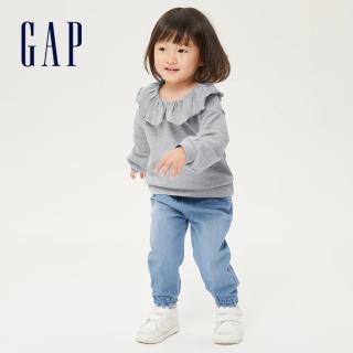 【GAP】女幼童 碳素軟磨 法式圈織系列 可愛荷葉邊娃娃領休閒上衣(809048-淺灰色)