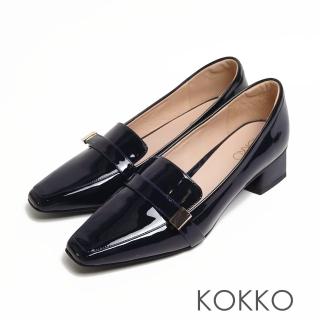 【KOKKO 集團】經典手工方頭柔感綿羊皮粗跟鞋(深藍色)