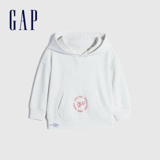 【GAP】男幼童 碳素軟磨 法式圈織系列 Logo印花連帽休閒上衣(850560-灰白色)