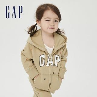 【GAP】女幼童 碳素軟磨 法式圈織系列 Logo童趣印花連帽休閒外套(809051-卡其色)