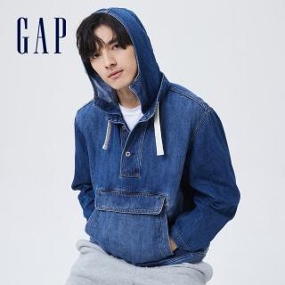 【GAP】男裝 輕透氣系列 半開領牛仔連帽休閒上衣(845034-中度靛藍)