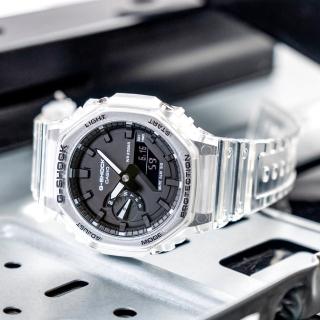 【CASIO 卡西歐】G-SHOCK 八角錶殼耐衝擊運動雙顯橡膠腕錶/透明白x黑面(GA-2100SKE-7ADR)