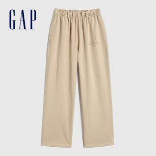 【GAP】女裝 厚磅密織 水洗棉系列 Logo高腰直筒休閒褲(810710-卡其色)