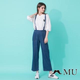 【maru.a】後綁帶LOGO印花吊帶長褲(深藍)