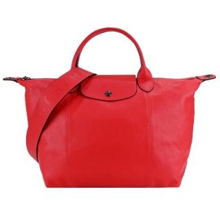 【LONGCHAMP】LE PLIAGE CUIR系列小羊皮寬背帶短把折疊水餃包(中/口紅)