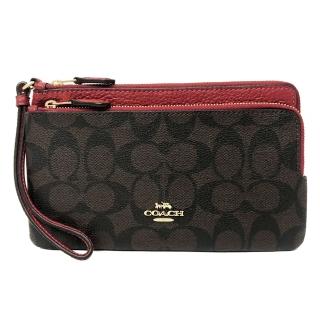 【COACH】新款C LOGO長夾式零錢雙層大零錢包/手拿包(深咖/紅)