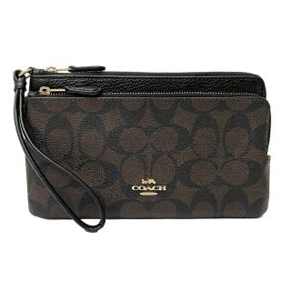 【COACH】新款C LOGO長夾式零錢雙層大零錢包/手拿包(深咖)